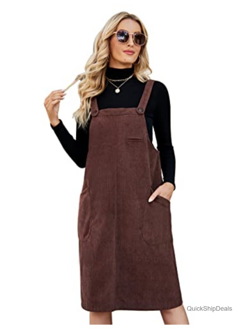 Women Corduroy Overall Jumper Pinafore Midi Dress Pockets Button Adjustable